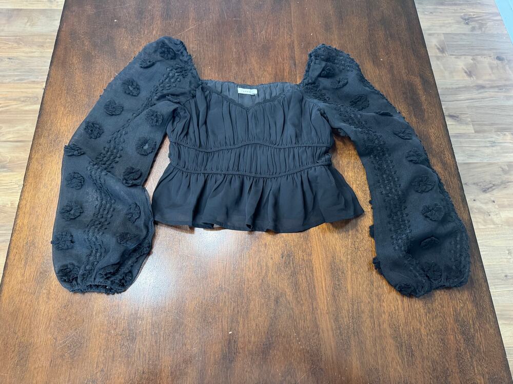 Lush x Anthropologie Black Puff-Sleeve Smocked Peplum Top